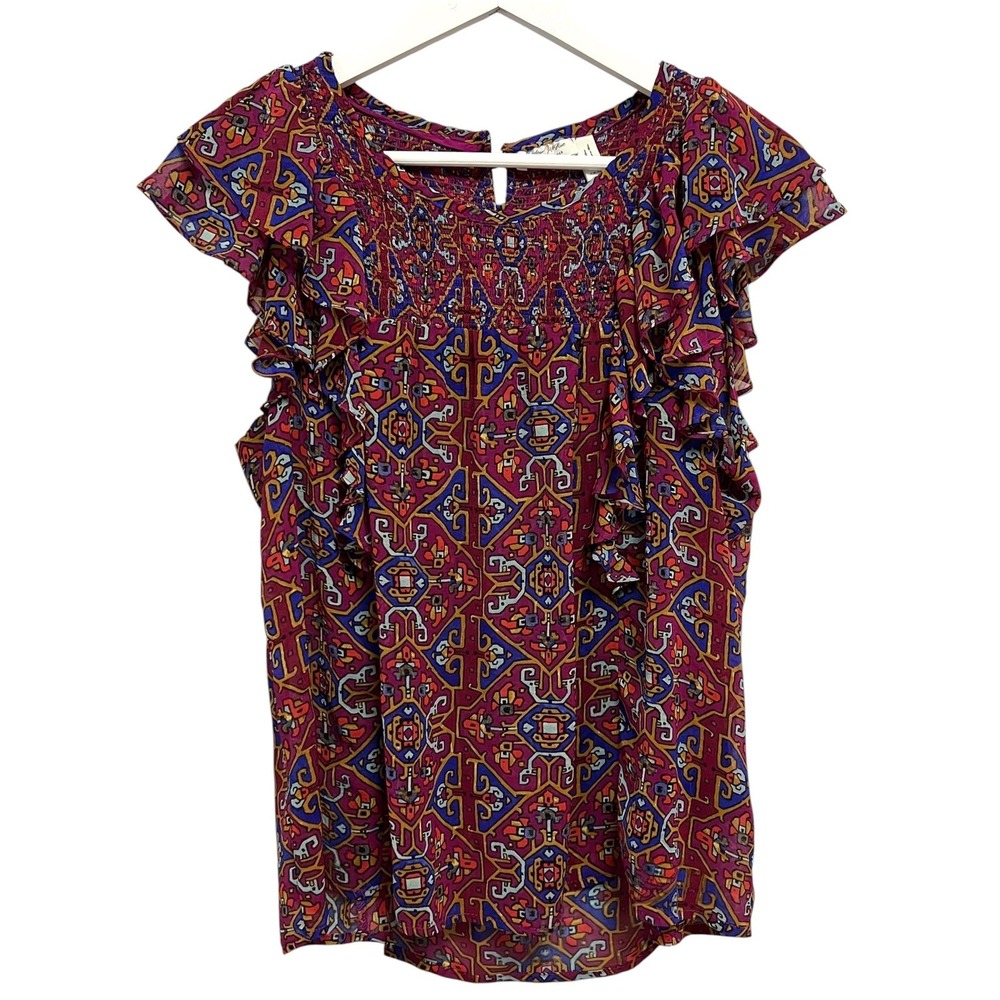 Meadow Rue Anthropologie Blouse Women 6 Multicolor Geometric Smocked Ruffle Top